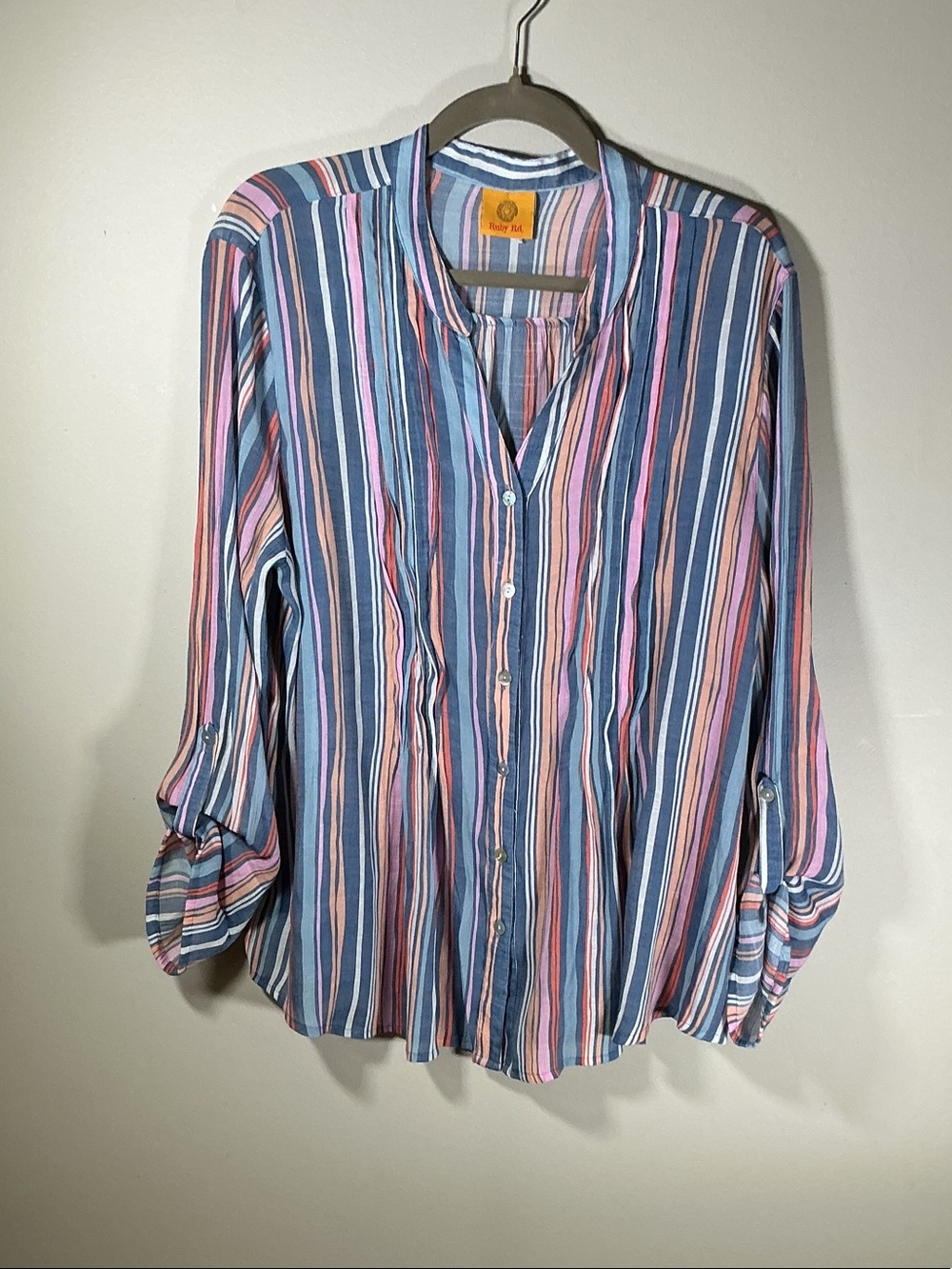 Ruby Rd. Multicolor Striped Roll Tab Blouse Button Front Lightweight Top